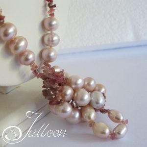 Pink Pearl and Watermelon Tourmaline Long Flowing Necklace 36 inch