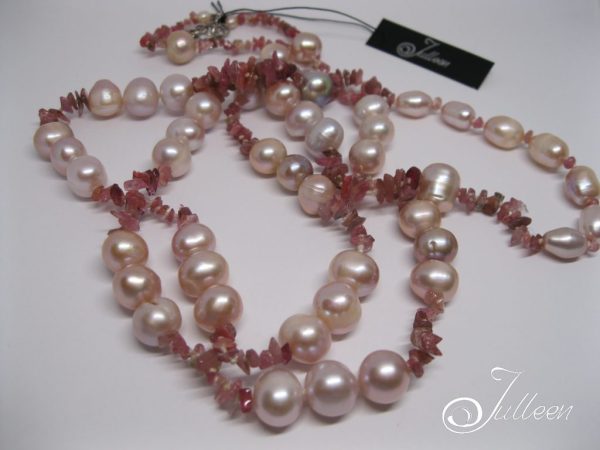 Pink Pearl and Watermelon Tourmaline Long Flowing Necklace 36 inch - Image 5
