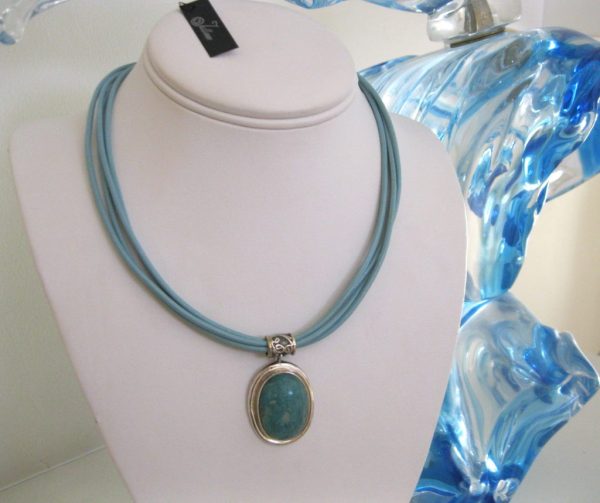 Natural Amazonite Pendant Turquoise Leather and Sterling Silver Necklace - Image 3