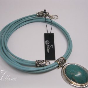 Natural Amazonite Pendant Turquoise Leather and Sterling Silver Necklace