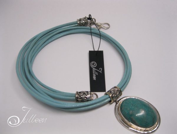 Natural Amazonite Pendant Turquoise Leather and Sterling Silver Necklace