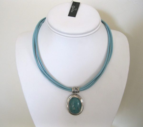 Natural Amazonite Pendant Turquoise Leather and Sterling Silver Necklace - Image 4