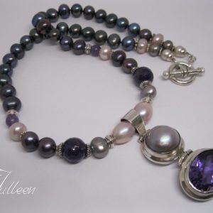 Large Amethyst Gemstone, Mabe Pendant and Black Pearl Necklace