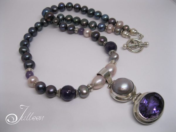 Large Amethyst Gemstone, Mabe Pendant and Black Pearl Necklace