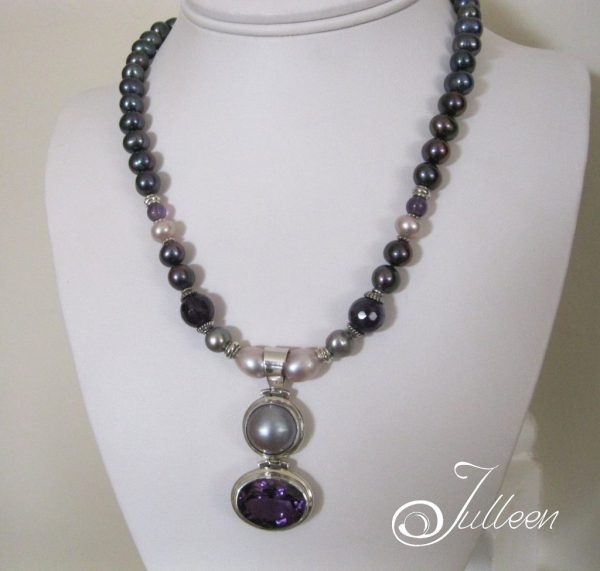 Large Amethyst Gemstone, Mabe Pendant and Black Pearl Necklace - Image 2