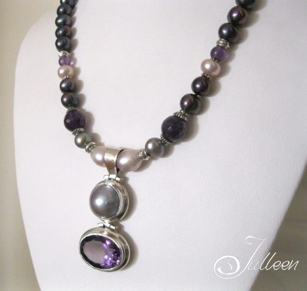 Large Amethyst Gemstone, Mabe Pendant and Black Pearl Necklace - Image 3
