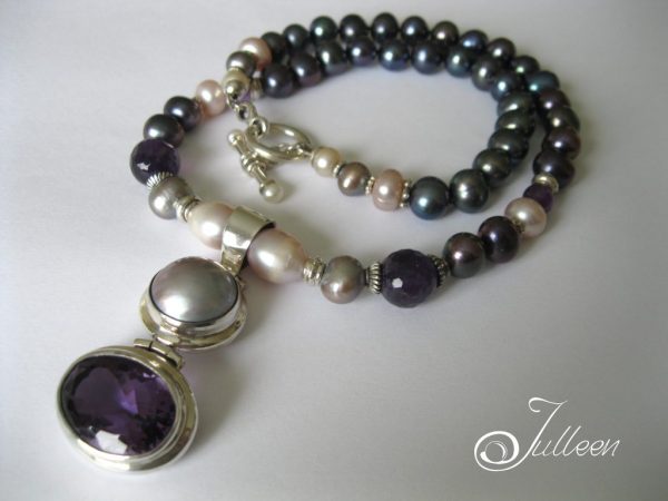 Large Amethyst Gemstone, Mabe Pendant and Black Pearl Necklace - Image 5