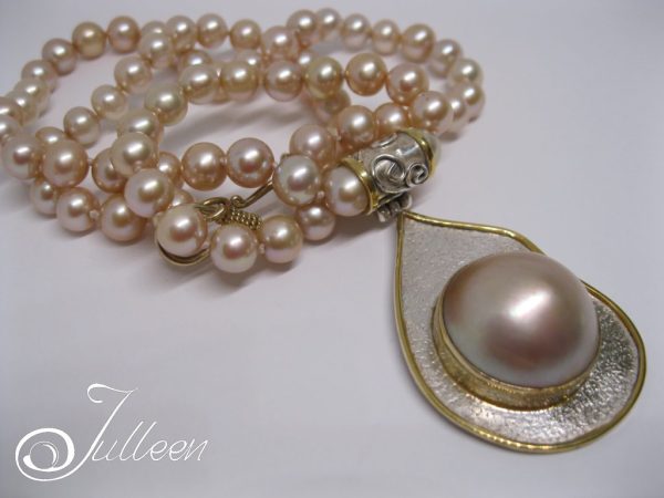 Julleen Egg, Champagne Mabe Blister Pearl Pendant Necklace 925 - Image 2