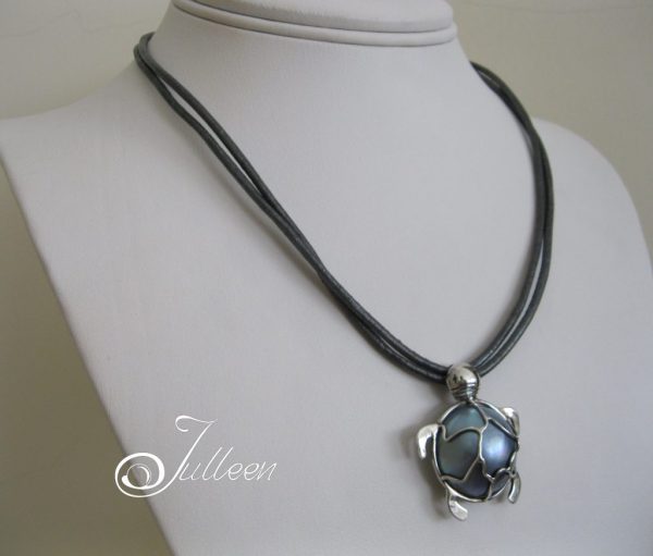 Blue Mabe Pearl Turtle Designer Pendant 925 Necklace on Leather - Image 2