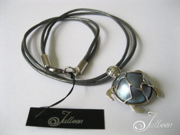 Blue Mabe Pearl Turtle Designer Pendant 925 Necklace on Leather