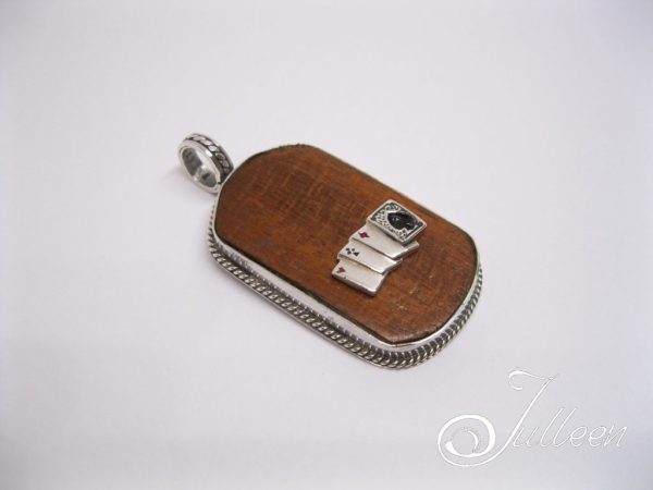 Poker Theme Sterling Silver Wooden Dog Tag