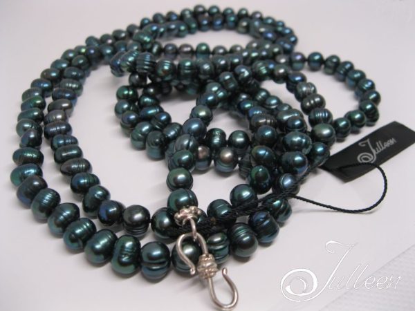 Long Peacock Green Pearl Necklace 52 inch 925