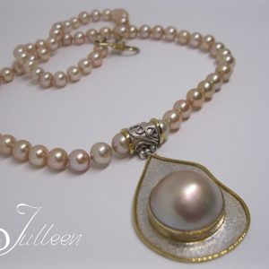 Julleen Egg, Champagne Mabe Blister Pearl Pendant Necklace 925