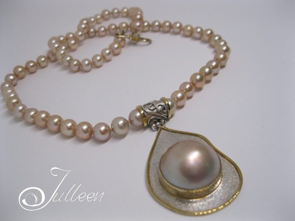 Julleen Egg, Champagne Mabe Blister Pearl Pendant Necklace 925