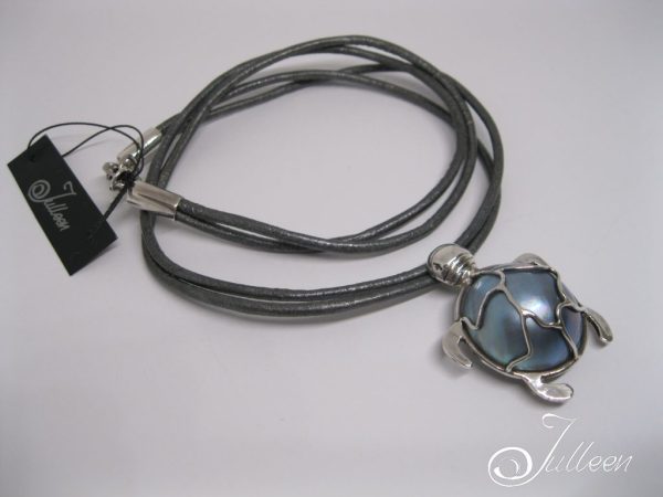 Blue Mabe Pearl Turtle Designer Pendant 925 Necklace on Leather - Image 3
