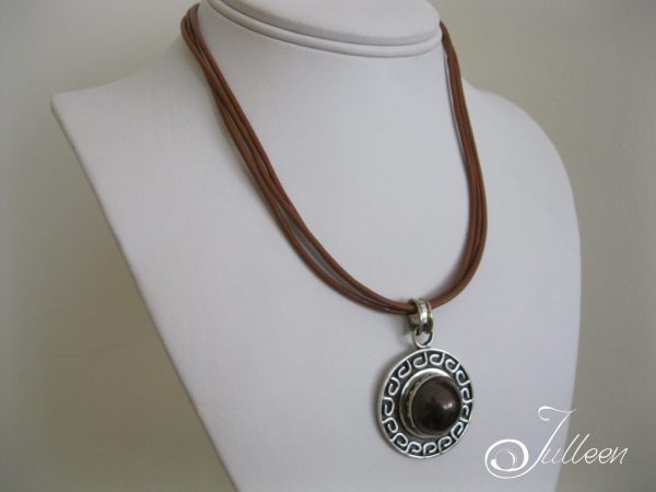 Black Chocolate Large Mabe Pearl Pendant on Tan Leather Sterling Silver 925 - Image 4