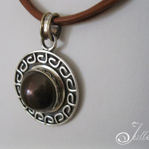 Black Chocolate Large Mabe Pearl Pendant on Tan Leather Sterling Silver 925