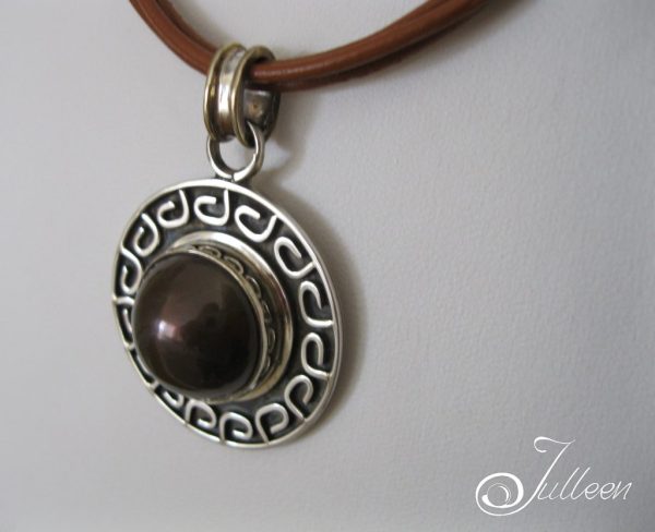 Black Chocolate Large Mabe Pearl Pendant on Tan Leather Sterling Silver 925