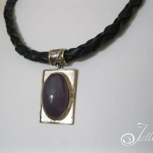 Lavender Chalcedony Cabochon Contemporary Pendant on Leather Rolo