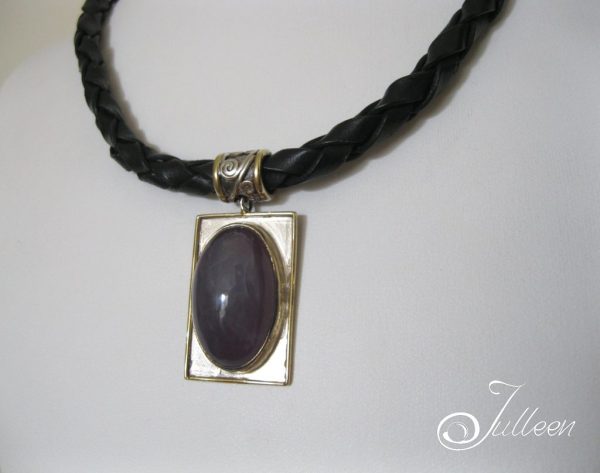 Lavender Chalcedony Cabochon Contemporary Pendant on Leather Rolo
