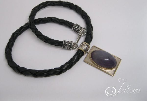 Lavender Chalcedony Cabochon Contemporary Pendant on Leather Rolo - Image 4