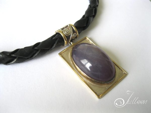 Lavender Chalcedony Cabochon Contemporary Pendant on Leather Rolo - Image 5