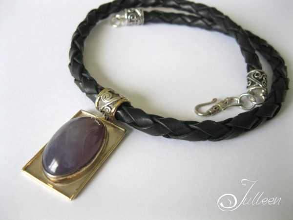 Lavender Chalcedony Cabochon Contemporary Pendant on Leather Rolo - Image 3