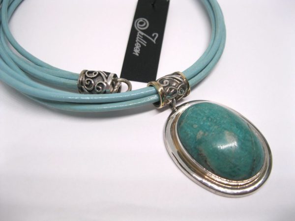 Natural Amazonite Pendant Turquoise Leather and Sterling Silver Necklace - Image 2