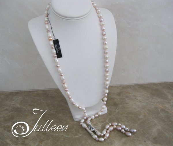 Long Pink and White Flowing Pearl Lariat Necklace SB Topaz Tube Pendant 925 - Image 3