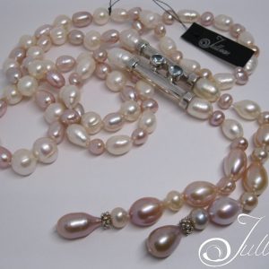 Long Pink and White Flowing Pearl Lariat Necklace SB Topaz Tube Pendant 925