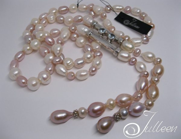 Long Pink and White Flowing Pearl Lariat Necklace SB Topaz Tube Pendant 925