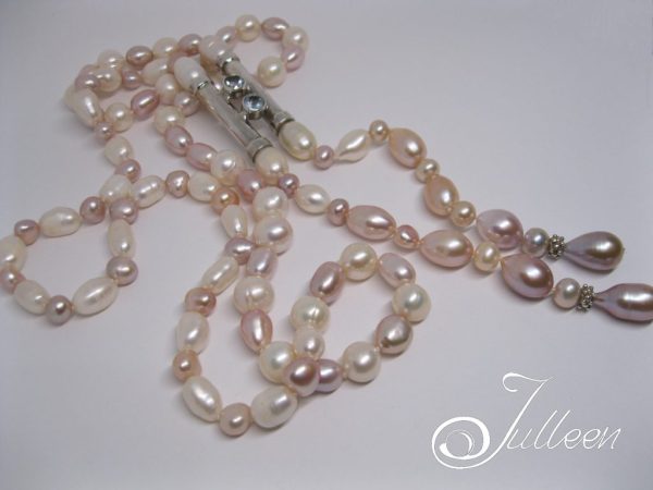 Long Pink and White Flowing Pearl Lariat Necklace SB Topaz Tube Pendant 925 - Image 2