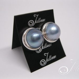 Black Blue Mabe Blister Pearl Sterling Silver Earring 18.6 mm