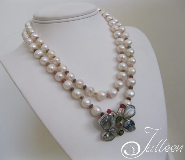 Madame Butterfly Too. Long White Pearl and Tourmaline Pendant Necklace - Image 4