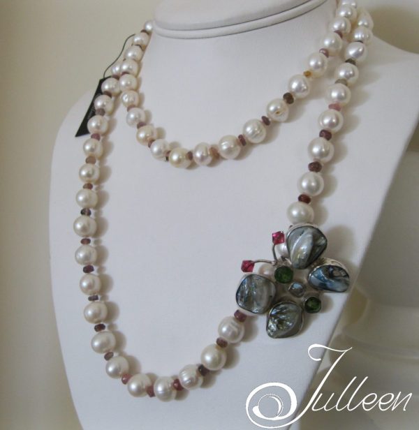 Madame Butterfly Too. Long White Pearl and Tourmaline Pendant Necklace - Image 3