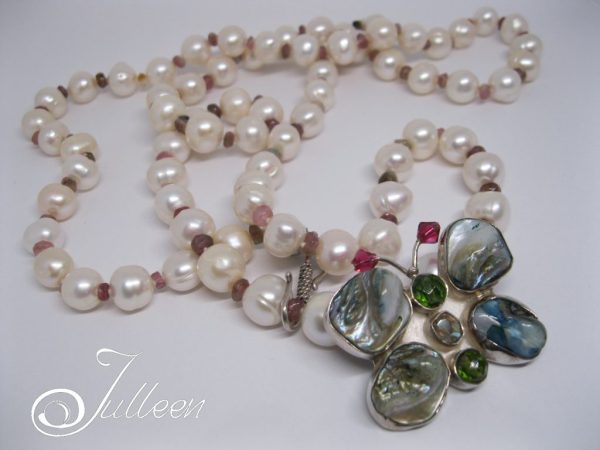 Madame Butterfly Too. Long White Pearl and Tourmaline Pendant Necklace - Image 2