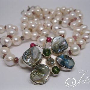 Madame Butterfly Too. Long White Pearl and Tourmaline Pendant Necklace