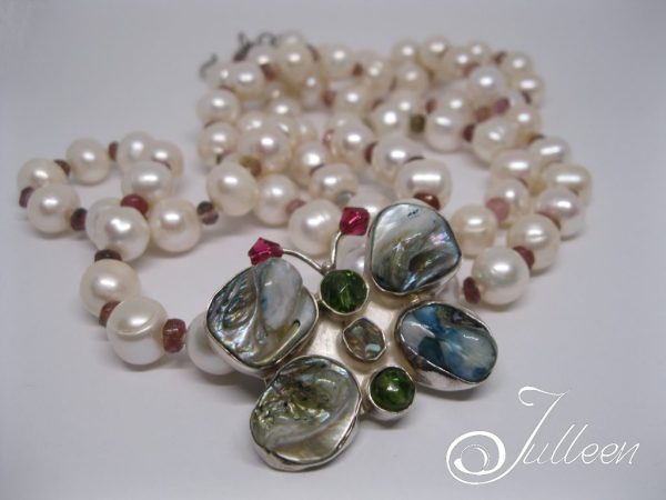 Madame Butterfly Too. Long White Pearl and Tourmaline Pendant Necklace