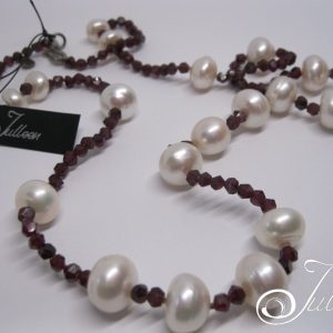 Blood Red Facetted Garnet Bead and Large White Pearl Necklace 925