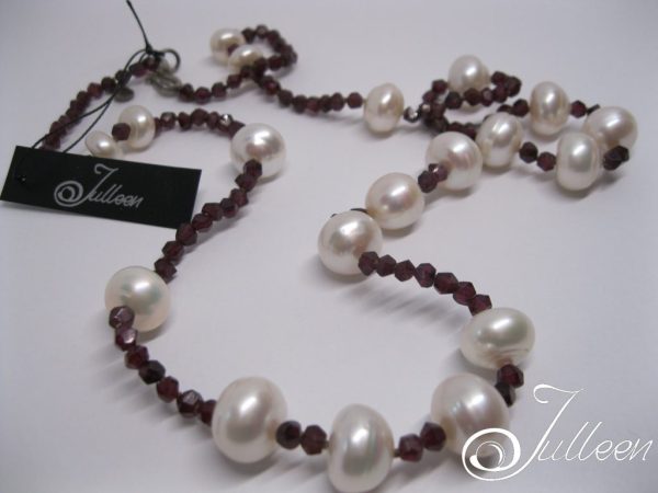 Blood Red Facetted Garnet Bead and Large White Pearl Necklace 925
