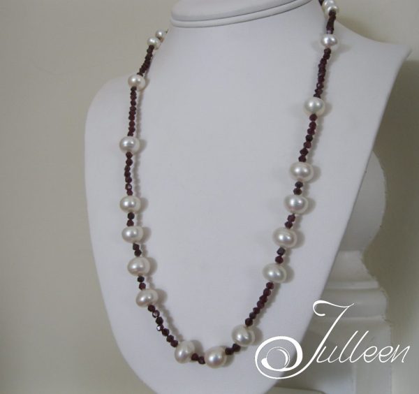 Blood Red Facetted Garnet Bead and Large White Pearl Necklace 925 - Image 4