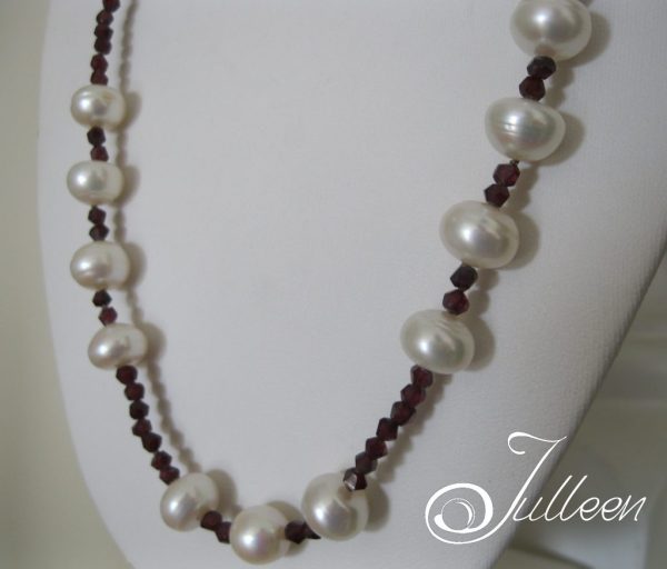 Blood Red Facetted Garnet Bead and Large White Pearl Necklace 925 - Image 2