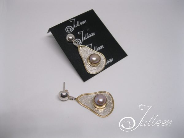 Pink Pearl Egg Shape Sterling Silver and Vermeil Long Dangle Designer Earring - Image 3